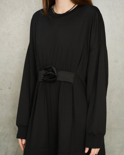 Black Gathered Rose Dress