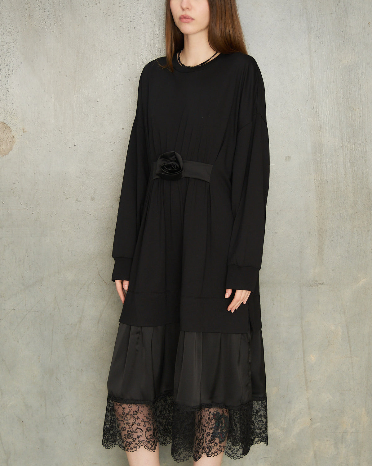 Black Gathered Rose Dress