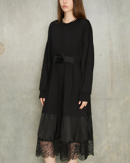 Black Gathered Rose Dress