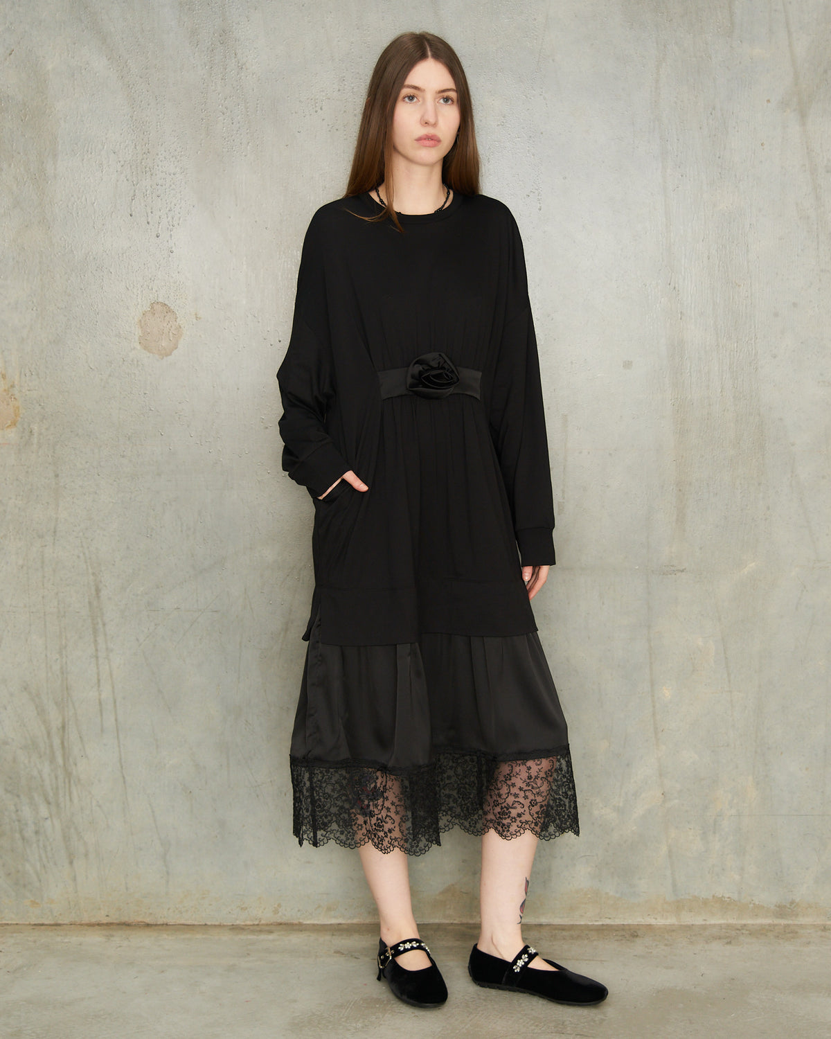 Black Gathered Rose Dress