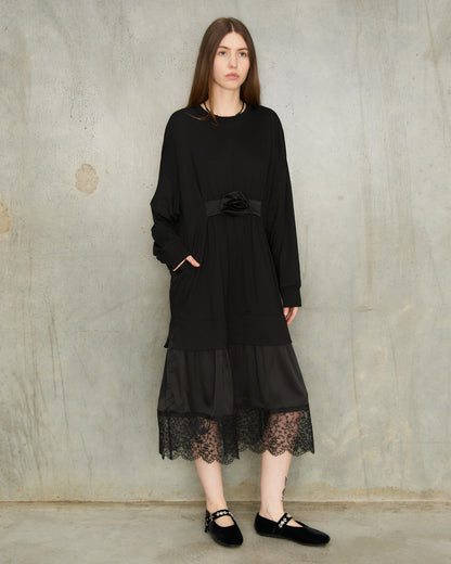 Black Gathered Rose Dress