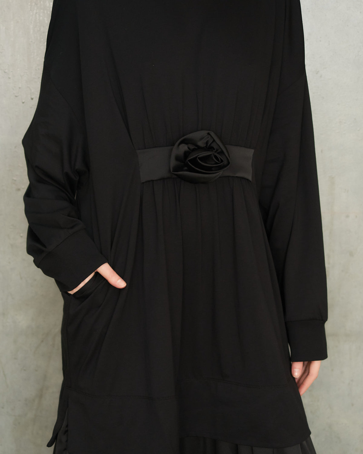 Black Gathered Rose Dress