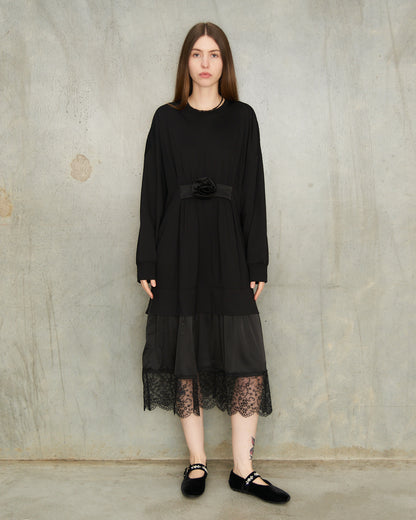 Black Gathered Rose Dress