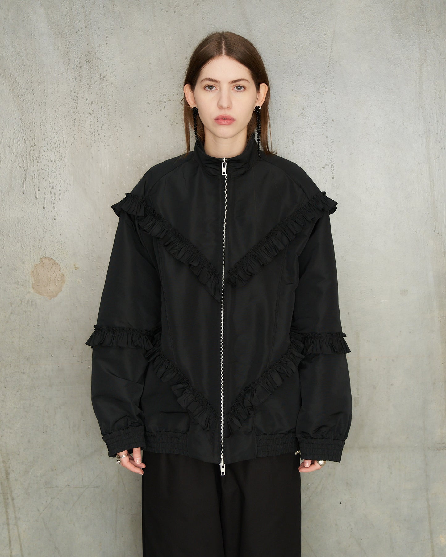 Black Ruffle Frill Zip Jacket