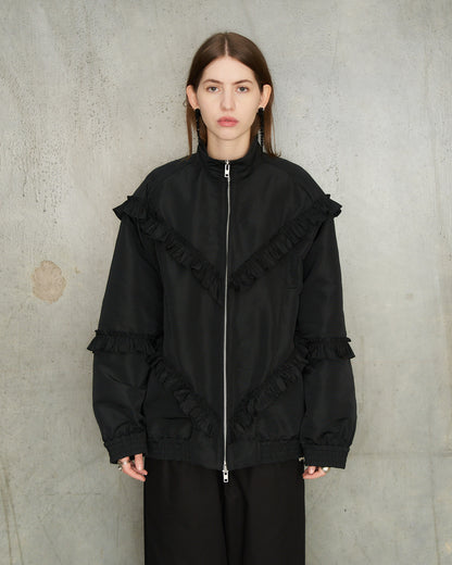 Black Ruffle Frill Zip Jacket