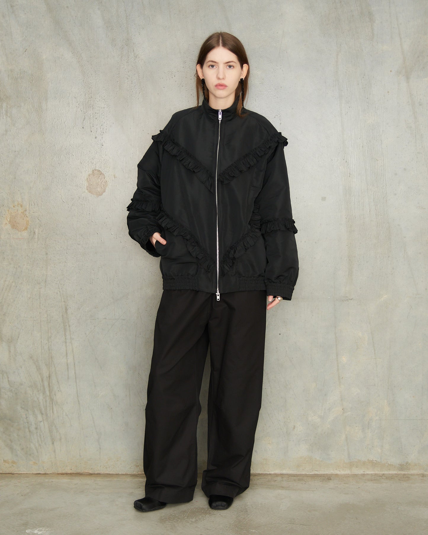 Black Ruffle Frill Zip Jacket