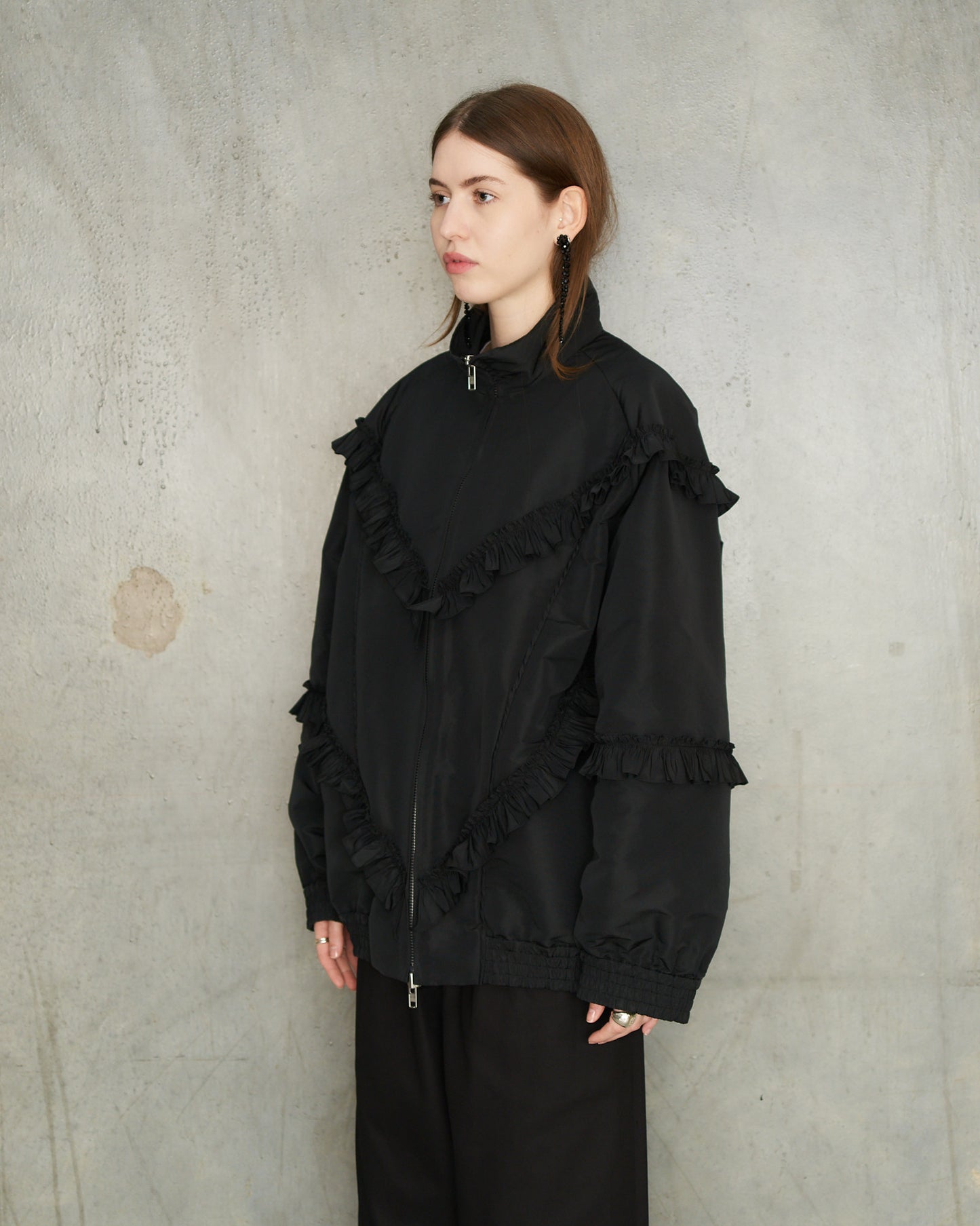 Black Ruffle Frill Zip Jacket