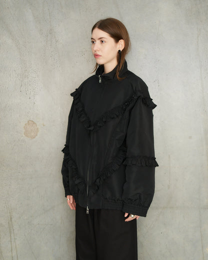 Black Ruffle Frill Zip Jacket