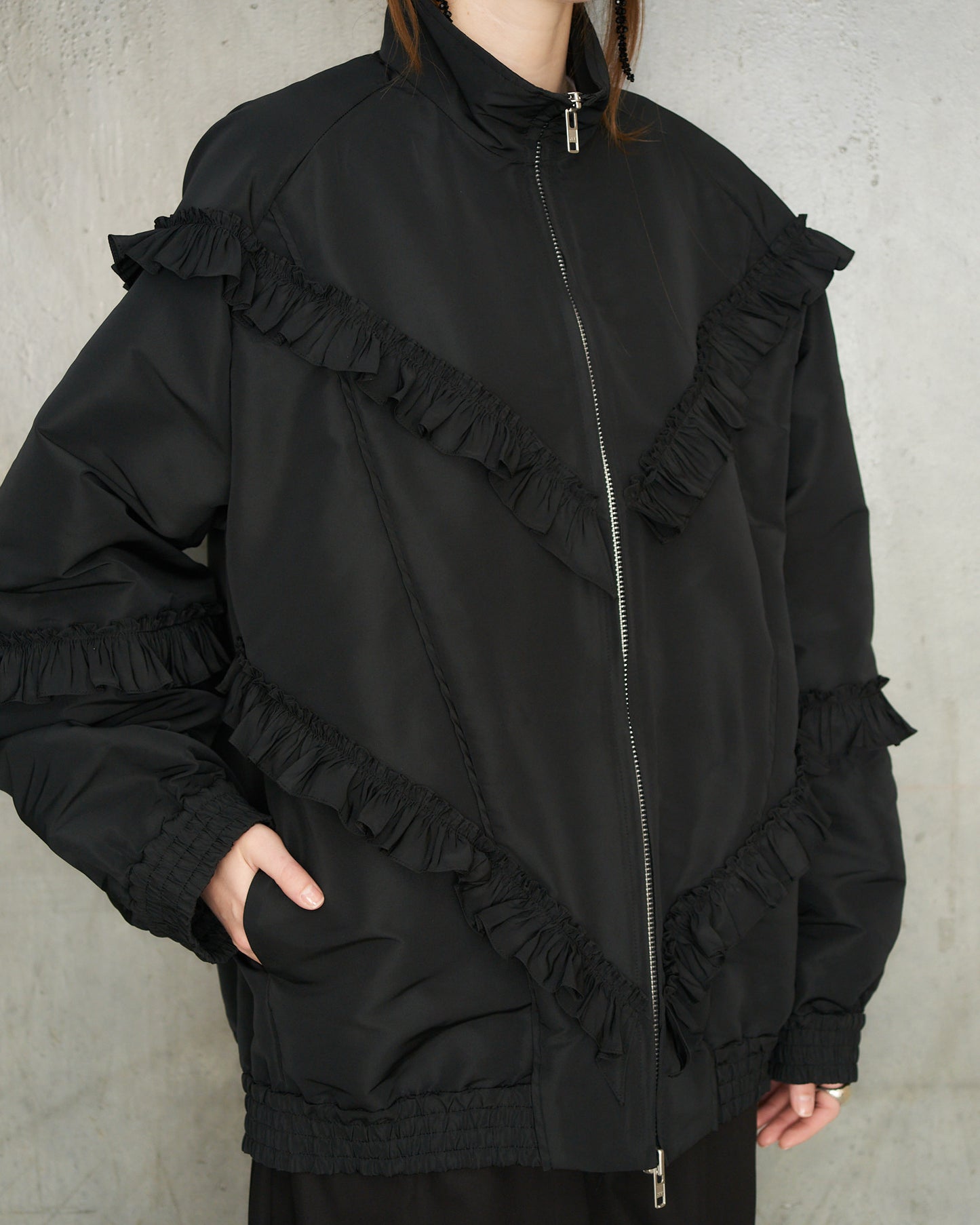 Black Ruffle Frill Zip Jacket