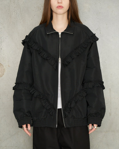 Black Ruffle Frill Zip Jacket