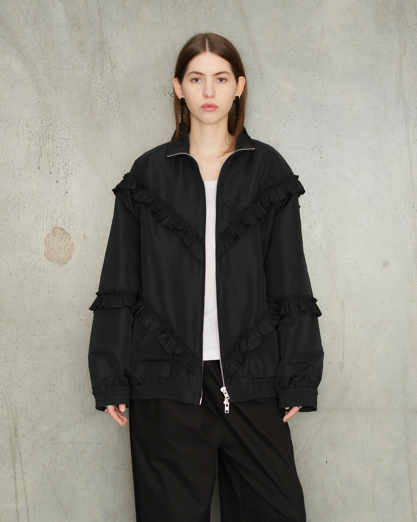 Black Ruffle Frill Zip Jacket