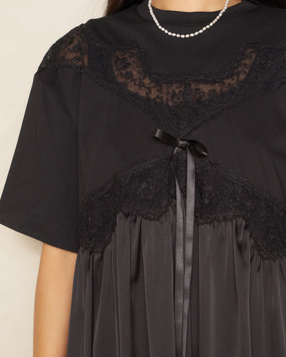Black Satin Patchwork Short Sleeve T-shirt