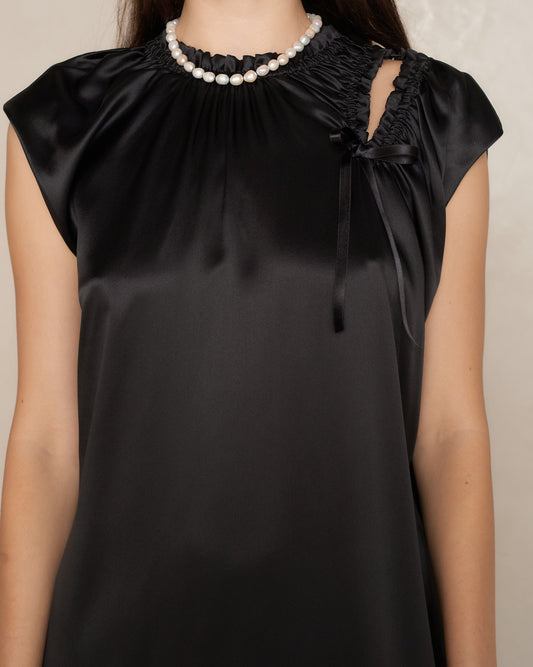 Black Satin Sack Shoulder Bite Dress