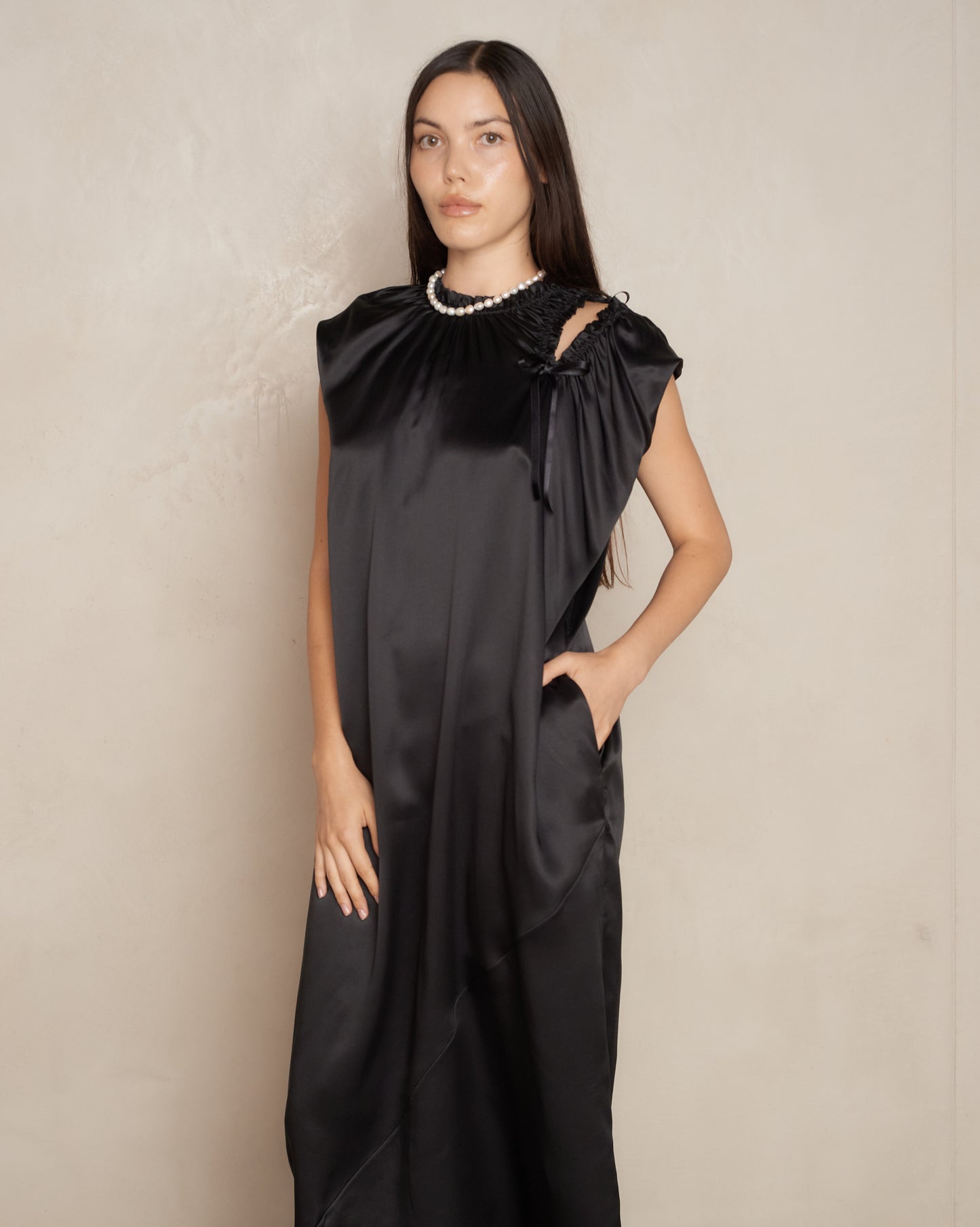 Black Satin Sack Shoulder Bite Dress