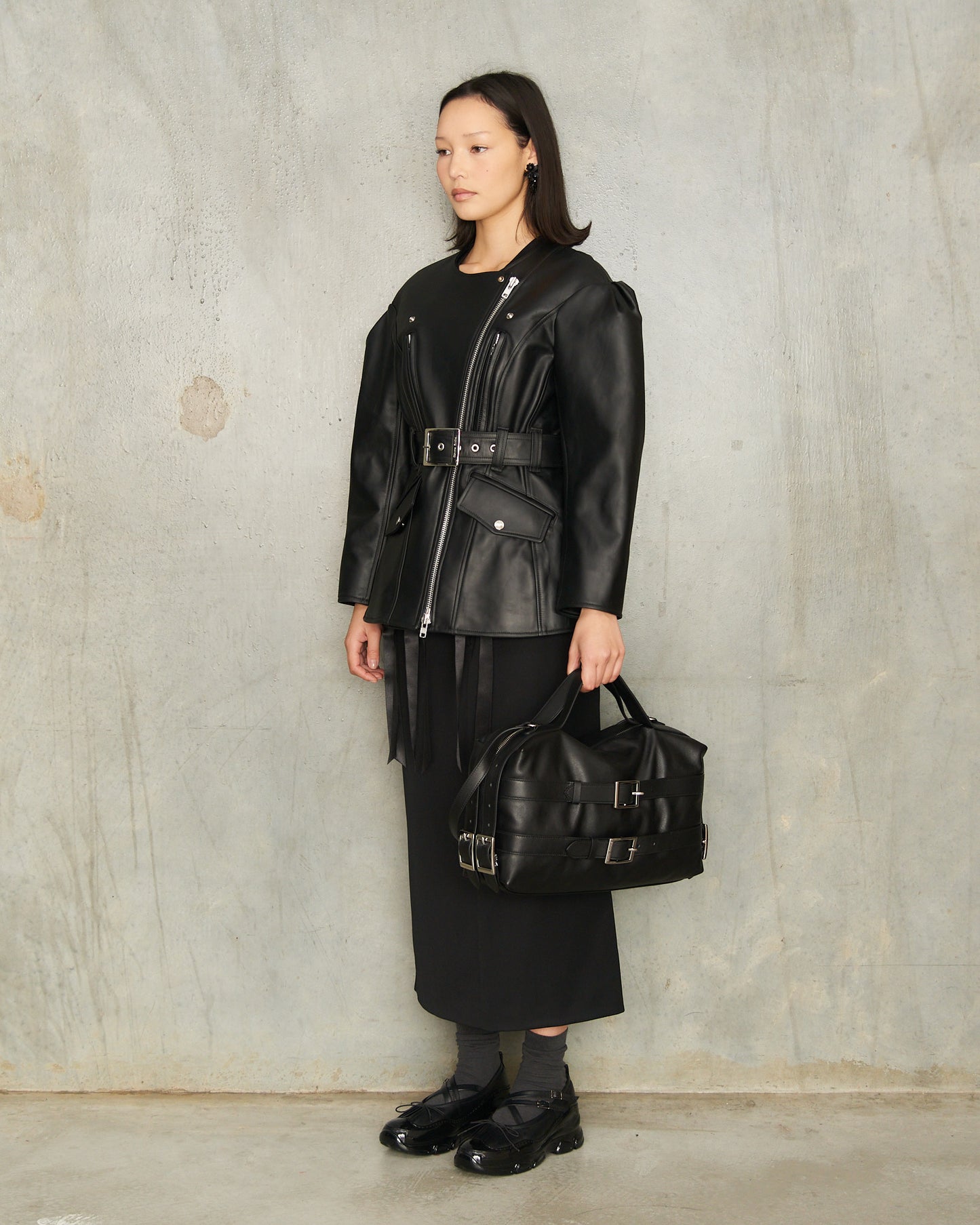 Black Sculpted Belt Biker Jacket