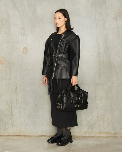 Black Sculpted Belt Biker Jacket