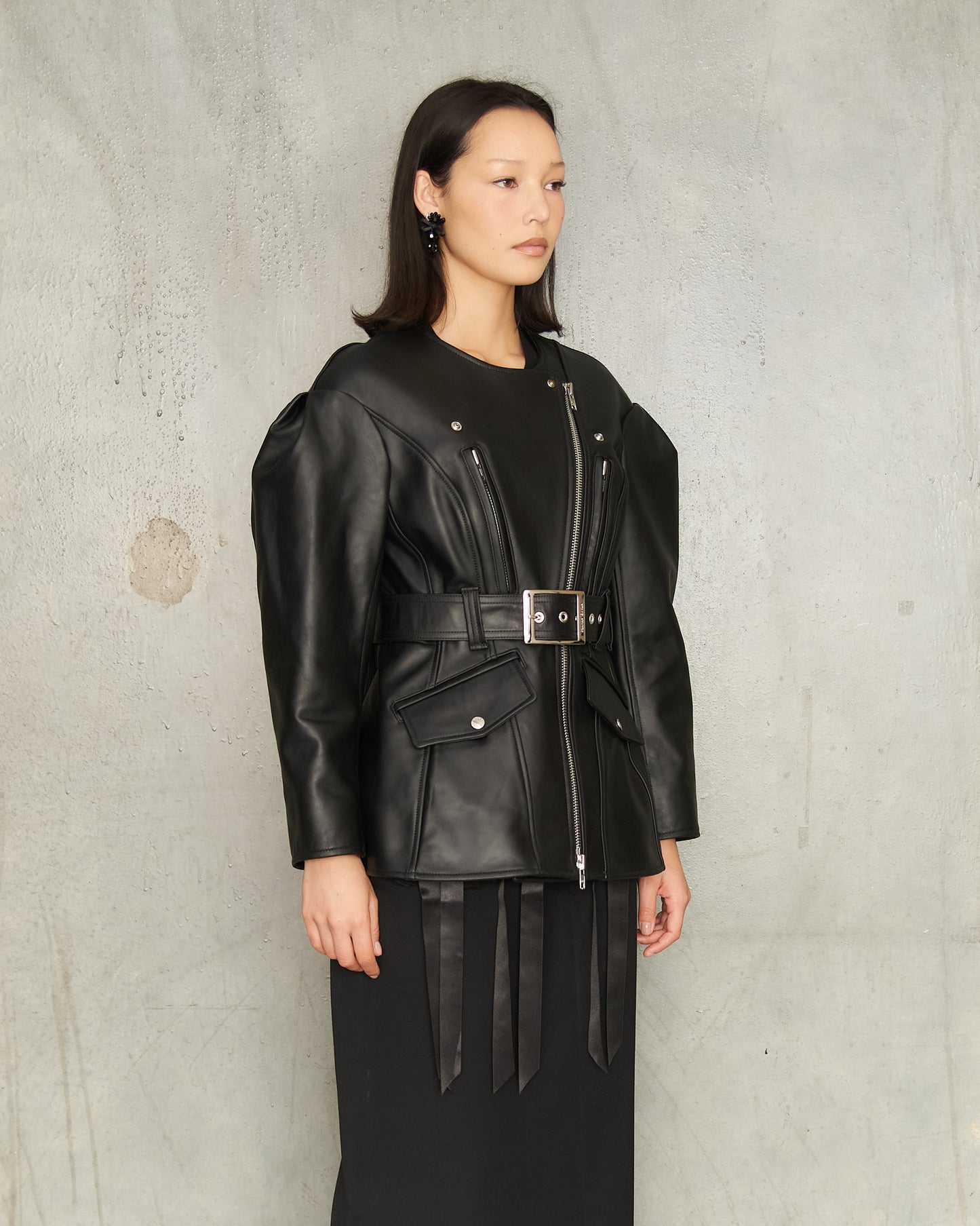 Black Sculpted Belt Biker Jacket