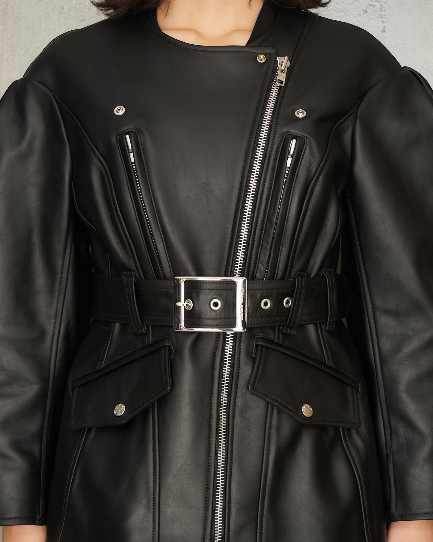 Black Sculpted Belt Biker Jacket