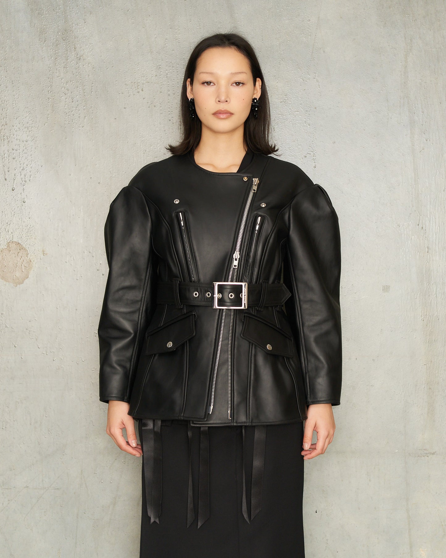 Black Sculpted Belt Biker Jacket