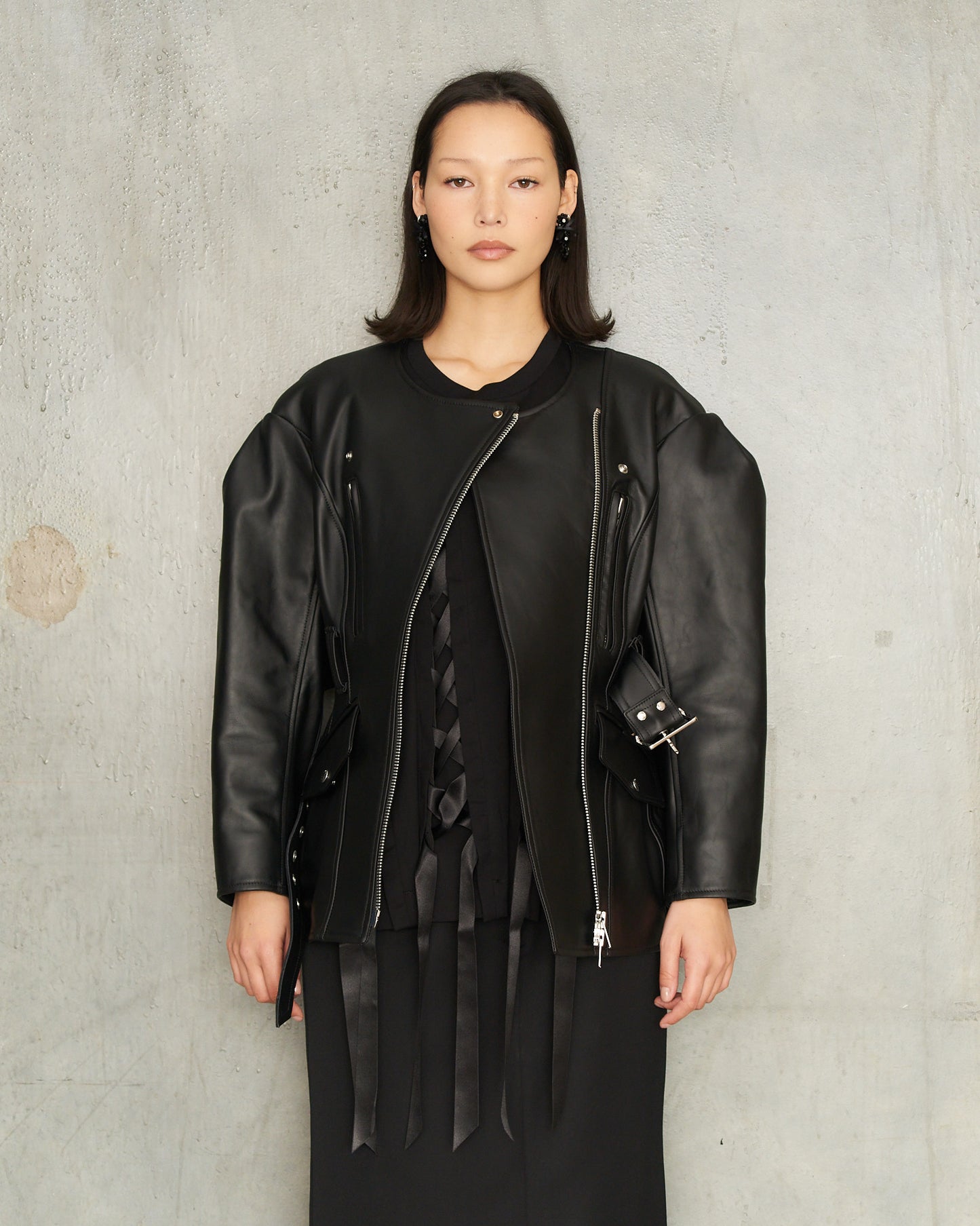 Black Sculpted Belt Biker Jacket