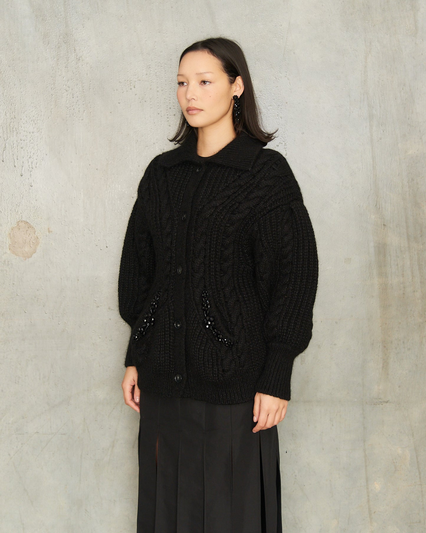 Black Sculpted Cable Knit Cardigan