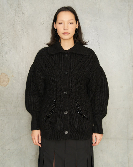 Black Sculpted Cable Knit Cardigan