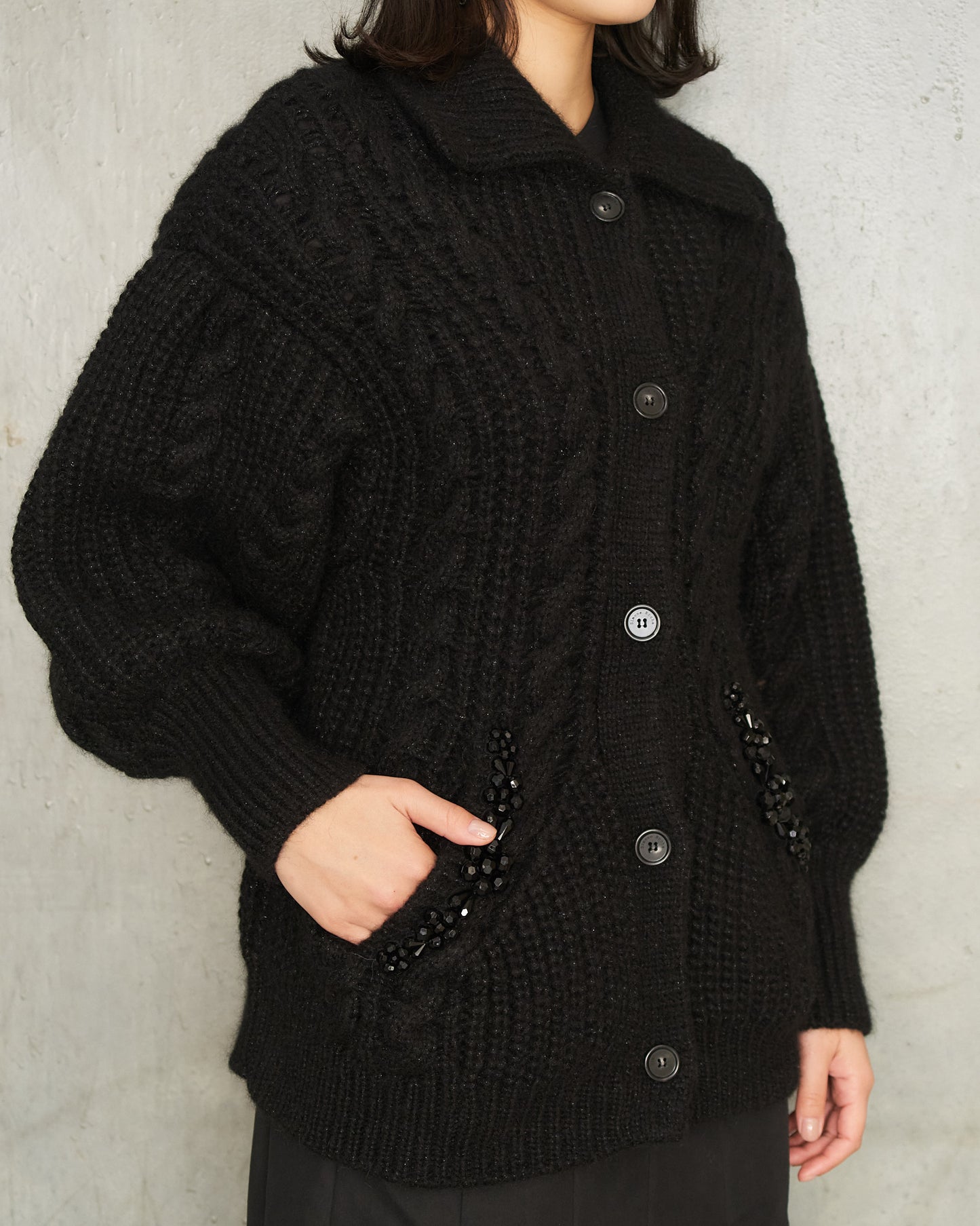 Black Sculpted Cable Knit Cardigan