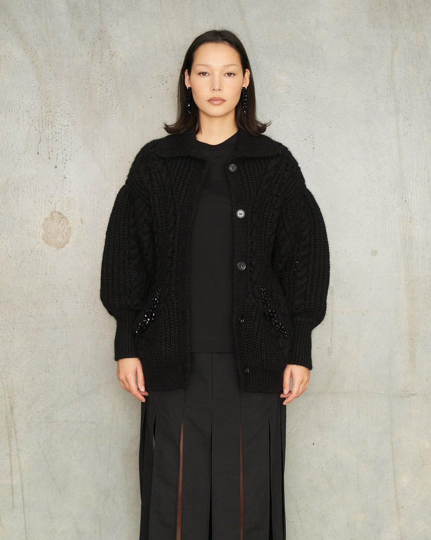 Black Sculpted Cable Knit Cardigan