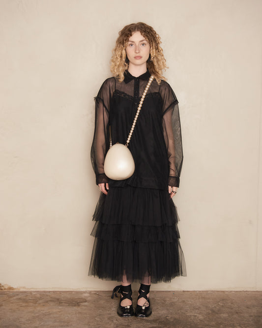 Black Tulle Oversized Long Sleeve Polo Dress