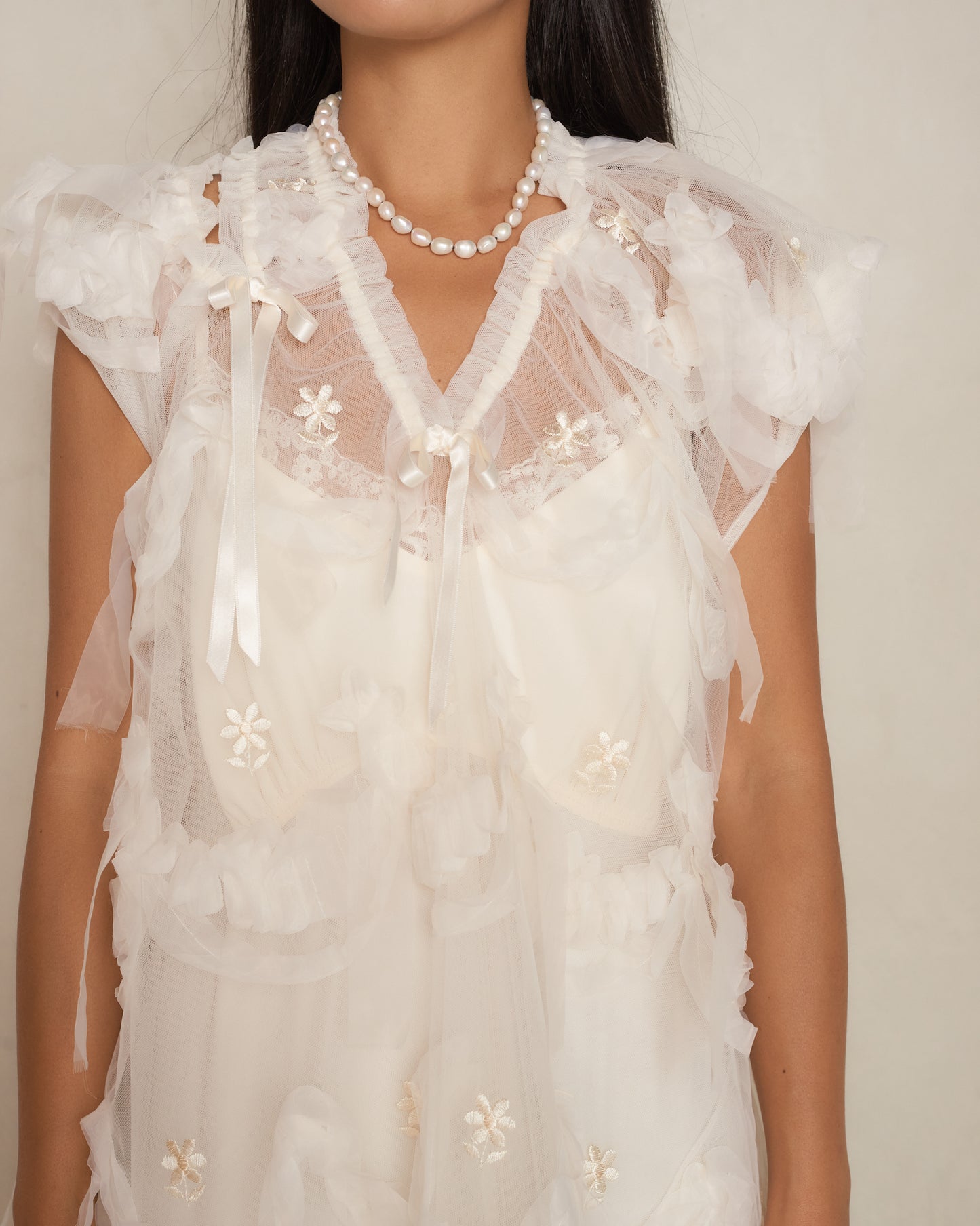 Cream Embellished Tulle Dress