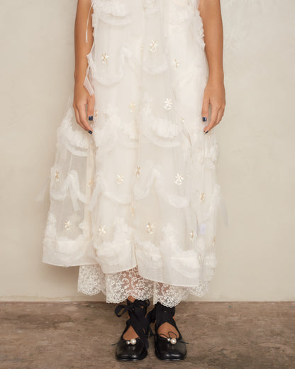 Cream Embellished Tulle Dress