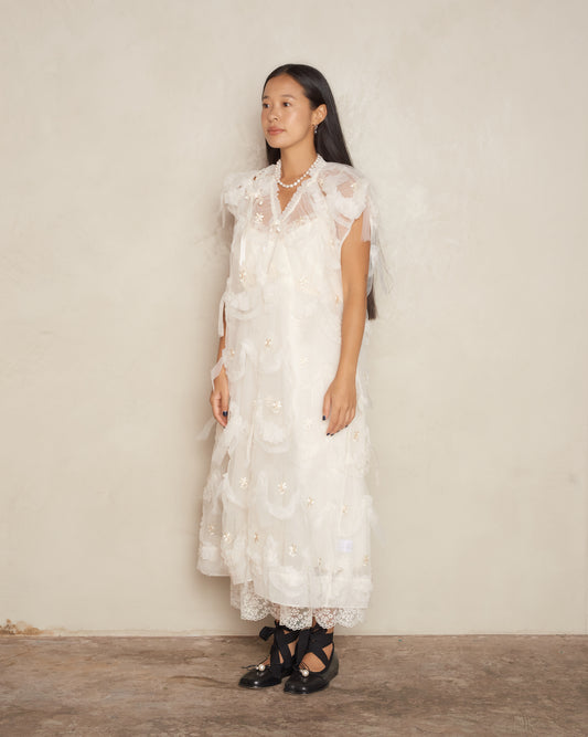 Cream Embellished Tulle Dress