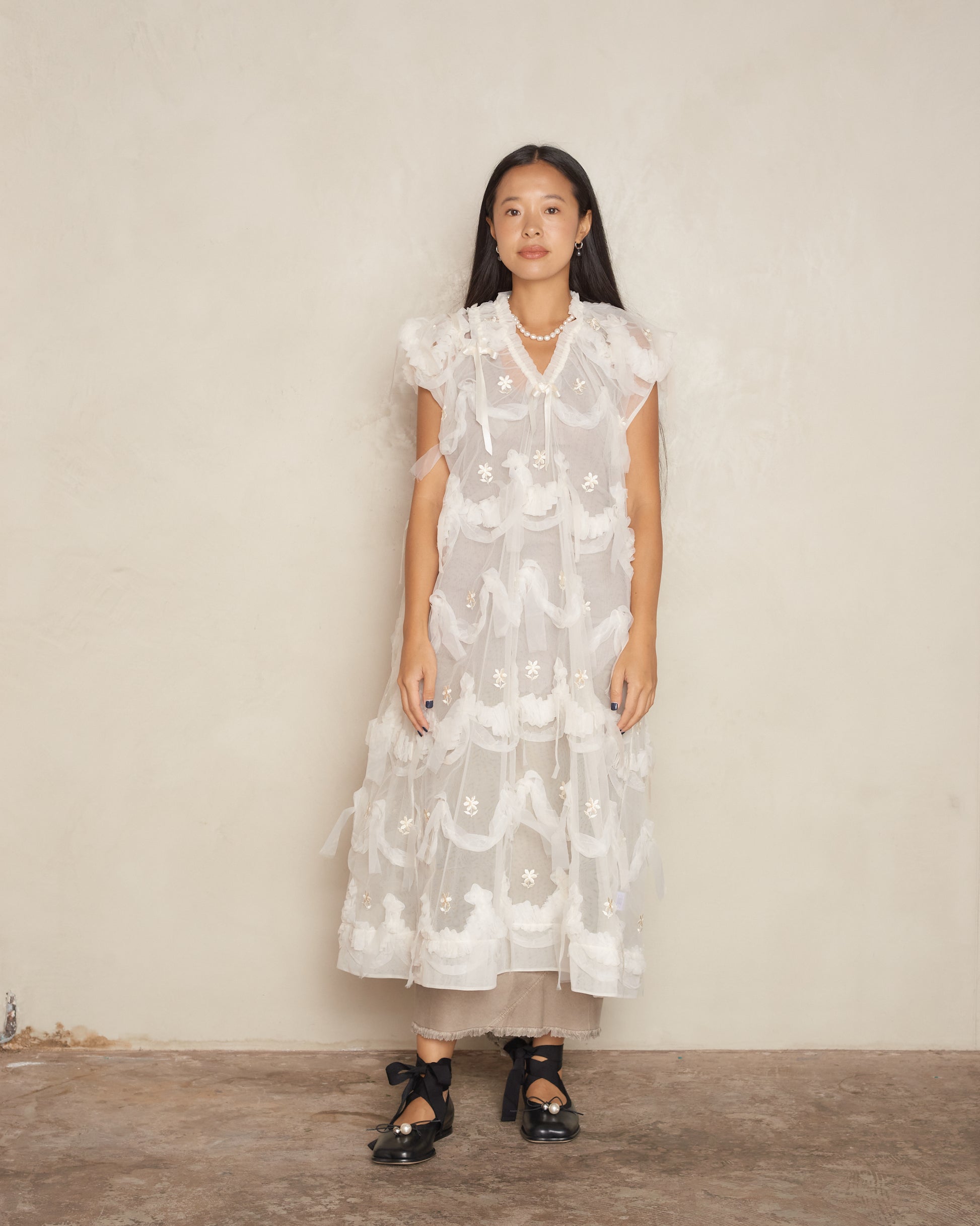 simone rocha embroidered dress Simone Rocha Floral Embroidered Sheer Tulle Midi Dress