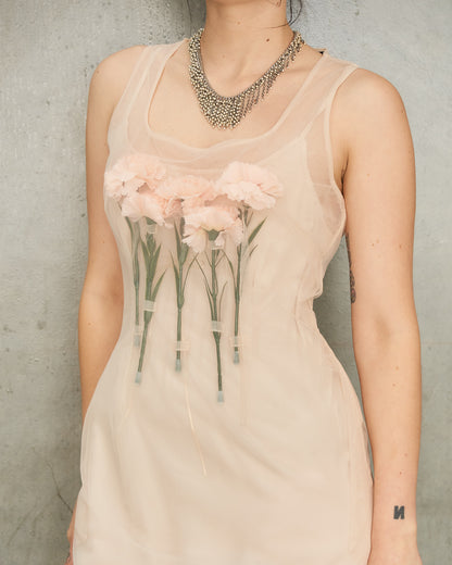 Nude Tulle Carnation Dart Dress