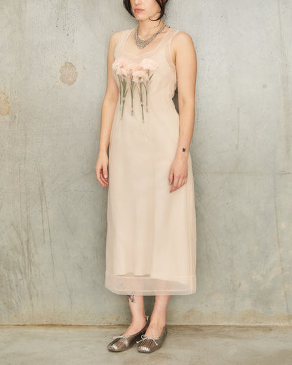 Nude Tulle Carnation Dart Dress
