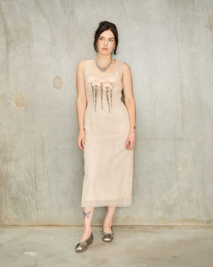 Nude Tulle Carnation Dart Dress