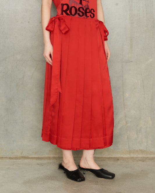 Red Pleated Panel Wrap Skirt