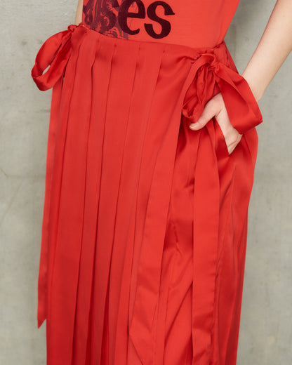 Red Pleated Panel Wrap Skirt