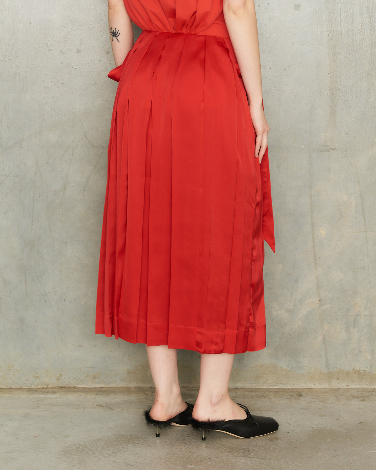 Red Pleated Panel Wrap Skirt