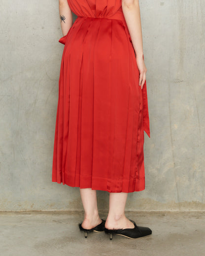Red Pleated Panel Wrap Skirt