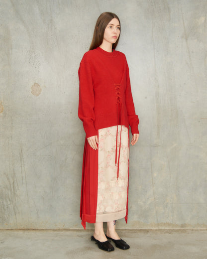 Red Pleated Panel Wrap Skirt