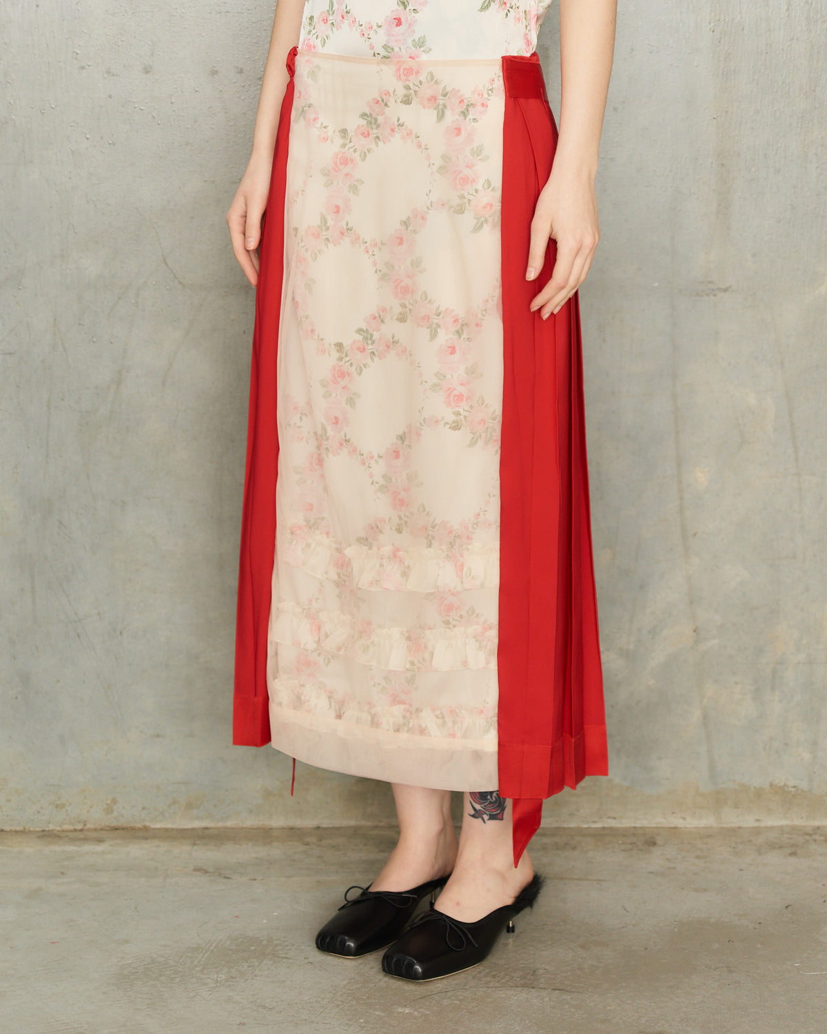 Red Pleated Panel Wrap Skirt