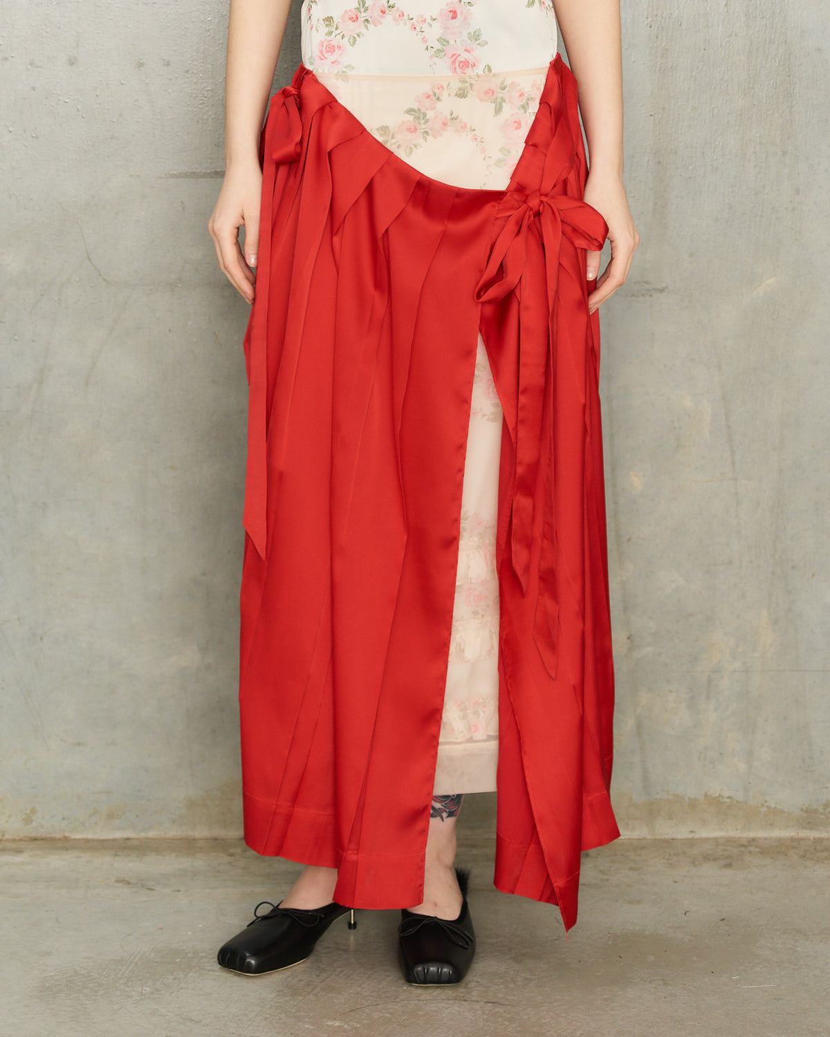 Red Pleated Panel Wrap Skirt