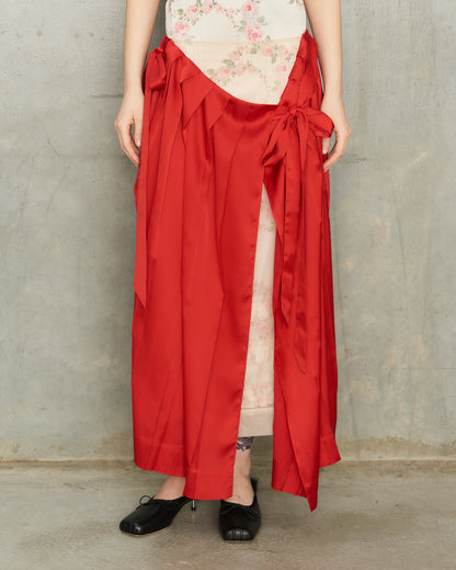 Red Pleated Panel Wrap Skirt