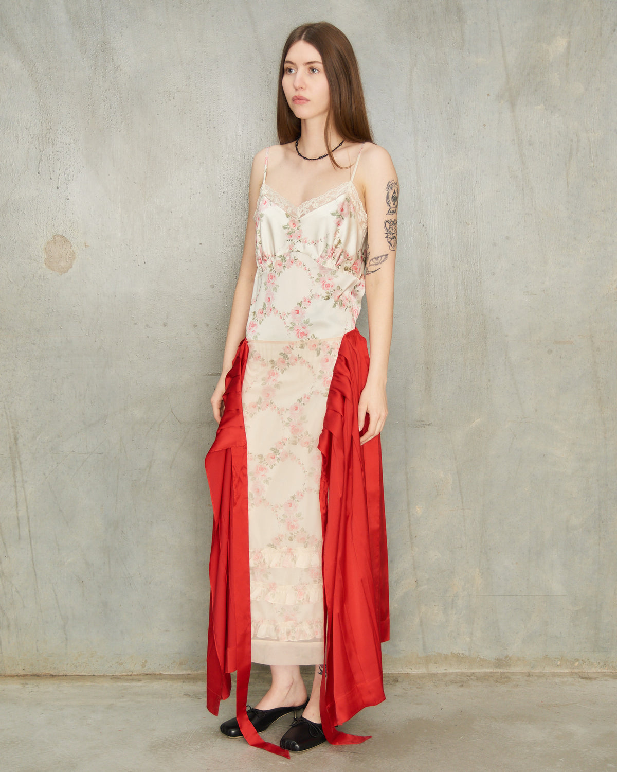 Red Pleated Panel Wrap Skirt