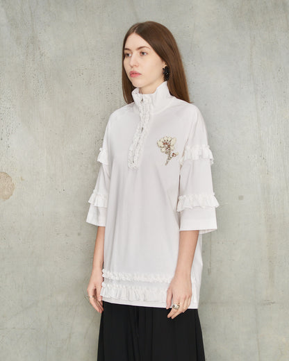 White Embellished Frill Zip T-Shirt