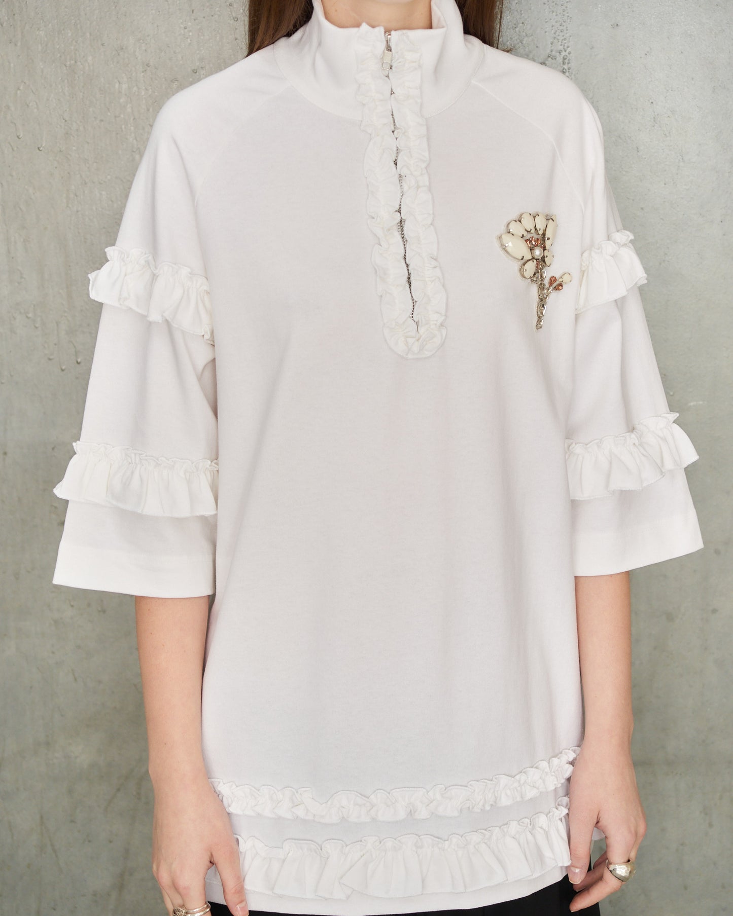 White Embellished Frill Zip T-Shirt