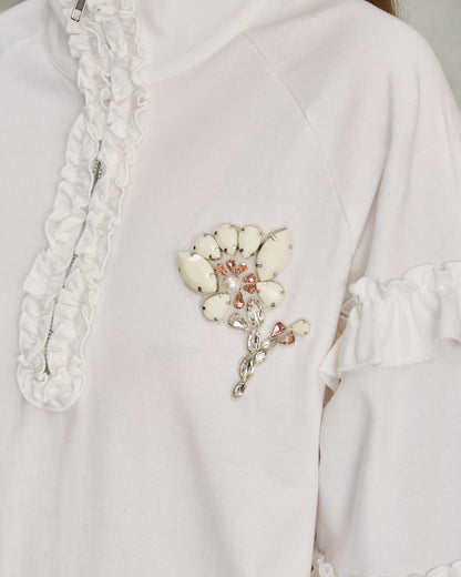 White Embellished Frill Zip T-Shirt