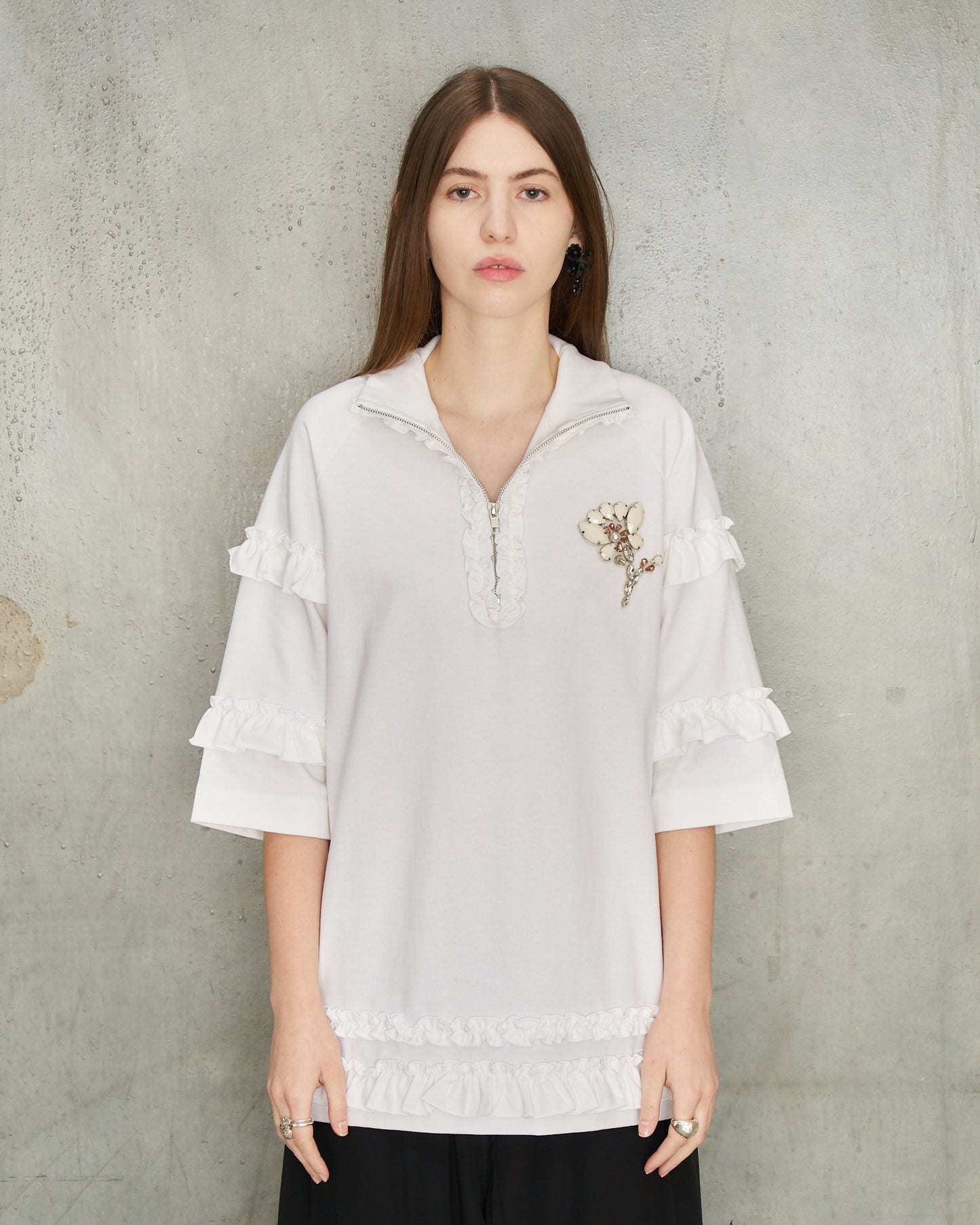 White Embellished Frill Zip T-Shirt