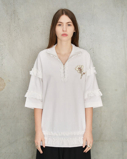 White Embellished Frill Zip T-Shirt